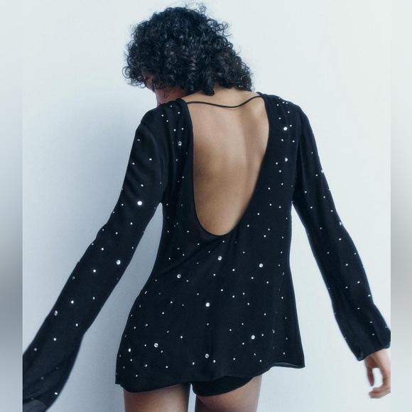 Zara Tops - Zara sparkly black studded open back long sleeve top sz.S